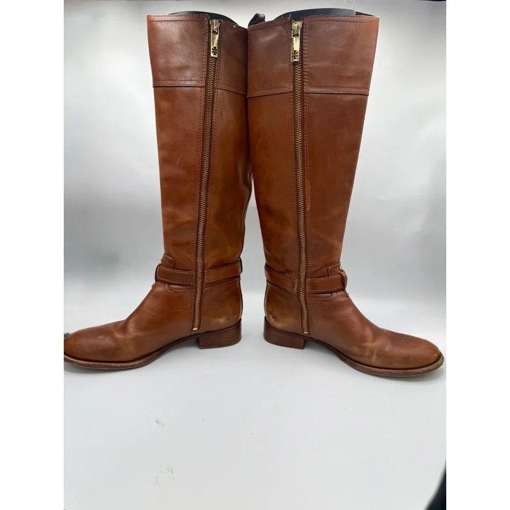 Tory Burch Riding‎ Boots Women's 6.5 Cognac Leather Tall Equestrian Logo Boots